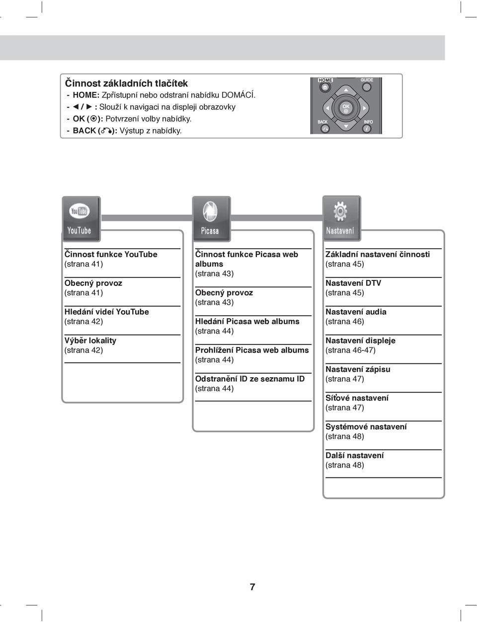 Činnost funkce YouTube (strana 41) Obecný provoz (strana 41) Hledání videí YouTube (strana 42) Výběr lokality (strana 42) Činnost funkce Picasa web albums (strana 43) Obecný provoz