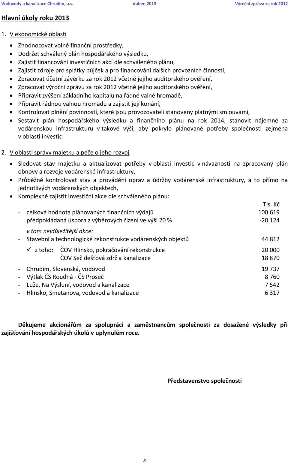 půjček a pro financování dalších provozních činností, Zpracovat účetní závěrku za rok 2012 včetně jejího auditorského ověření, Zpracovat výroční zprávu za rok 2012 včetně jejího auditorského ověření,