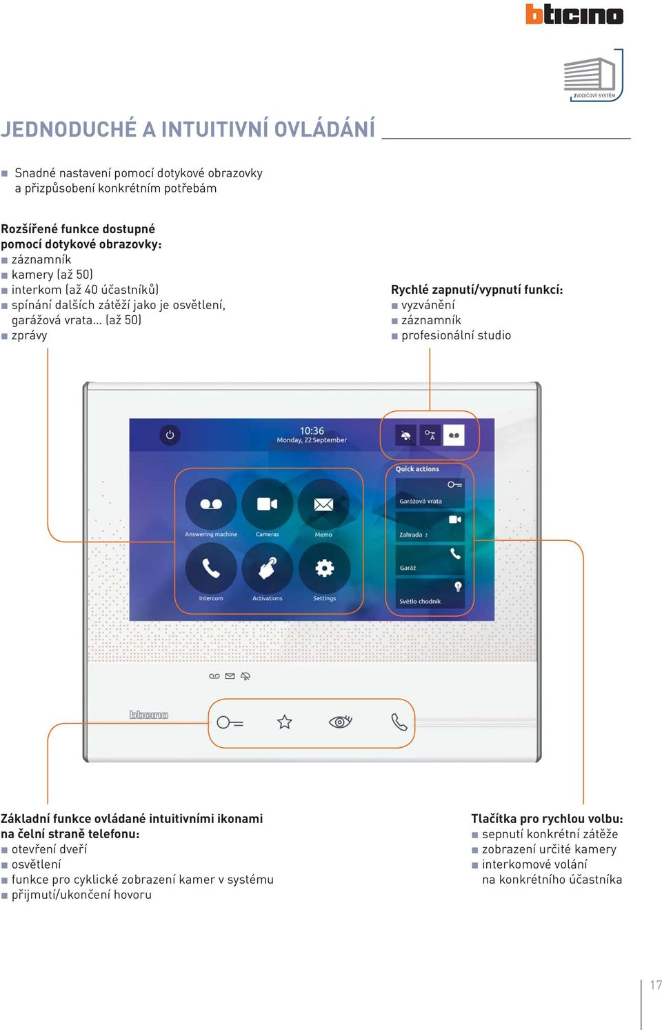 funkcí: vyzvánění záznamník profesionální studio Základní funkce ovládané intuitivními ikonami na čelní straně telefonu: otevření dveří osvětlení funkce pro cyklické