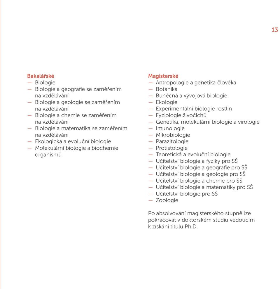 biologie rostlin Fyziologie živočichů Genetika, molekulární biologie a virologie Imunologie Mikrobiologie Parazitologie Protistologie Teoretická a evoluční biologie Učitelství biologie a fyziky pro