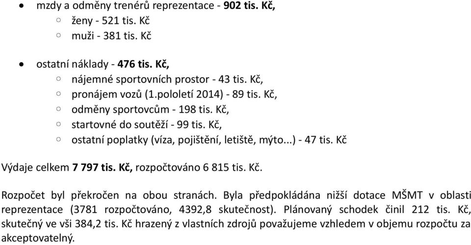 ..) - 47 tis. Kč Výdaje celkem 7 797 tis. Kč, rozpočtováno 6 815 tis. Kč. Rozpočet byl překročen na obou stranách.