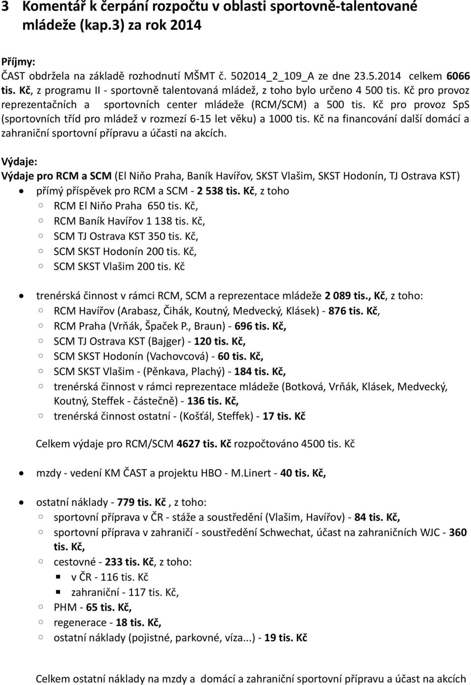 Kč pro provoz SpS (sportovních tříd pro mládež v rozmezí 6-15 let věku) a 1000 tis. Kč na financování další domácí a zahraniční sportovní přípravu a účasti na akcích.