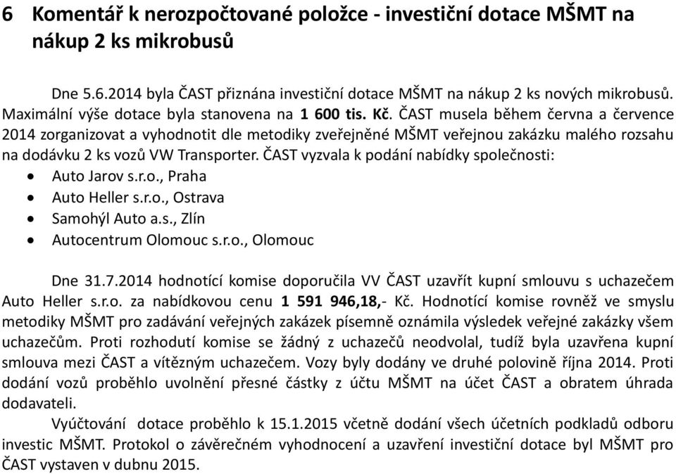 ČAST musela během června a července 2014 zorganizovat a vyhodnotit dle metodiky zveřejněné MŠMT veřejnou zakázku malého rozsahu na dodávku 2 ks vozů VW Transporter.