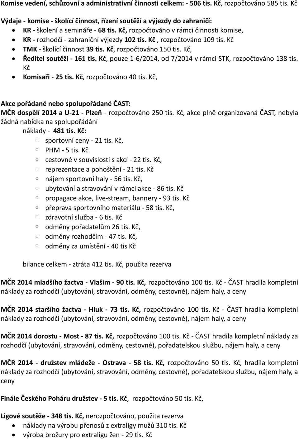 Kč, rozpočtováno 109 tis. Kč TMK - školící činnost 39 tis. Kč, rozpočtováno 150 tis. Kč, Ředitel soutěží - 161 tis. Kč, pouze 1-6/2014, od 7/2014 v rámci STK, rozpočtováno 138 tis.