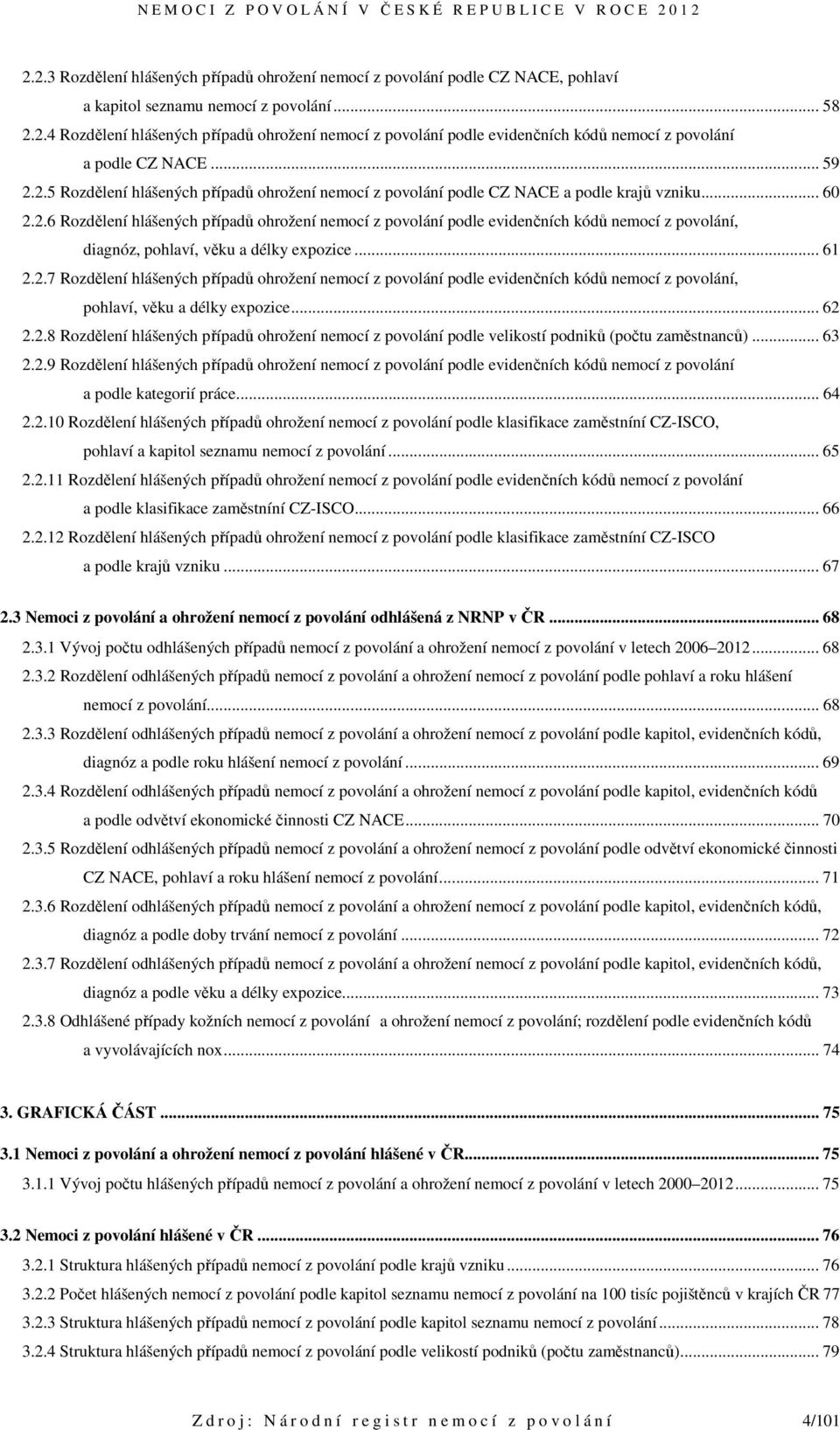 .. 61 2.2.7 Rozdělení hlášených případů ohrožení nemocí z povolání podle evidenčních kódů nemocí z povolání, pohlaví, věku a délky expozice... 62 2.2.8 Rozdělení hlášených případů ohrožení nemocí z povolání podle velikostí podniků (počtu zaměstnanců).