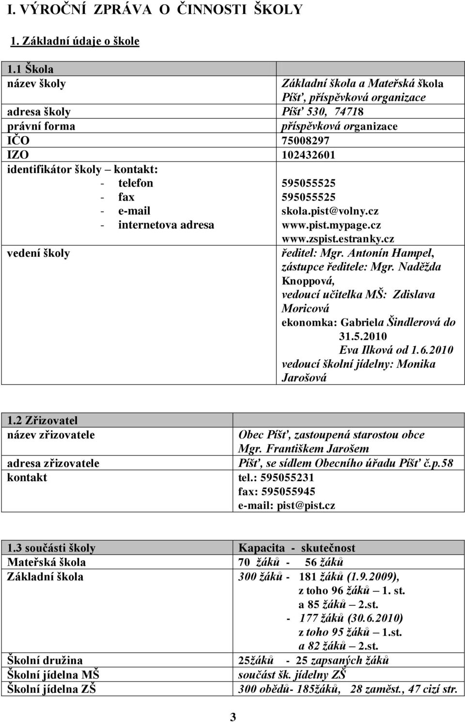 kontakt: telefon fax email internetova adresa vedení školy 595055525 595055525 skola.pist@volny.cz www.pist.mypage.cz www.zspist.estranky.cz ředitel: Mgr. Antonín Hampel, zástupce ředitele: Mgr.