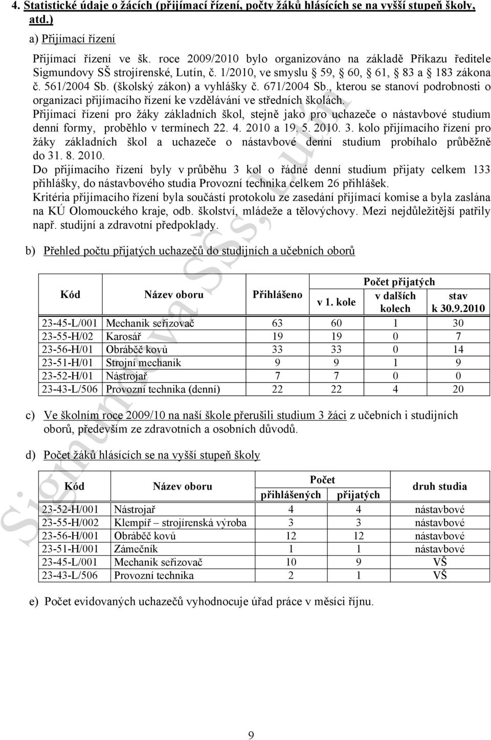 671/2004 Sb., kterou se stanoví podrobnosti o organizaci přijímacího řízení ke vzdělávání ve středních školách.