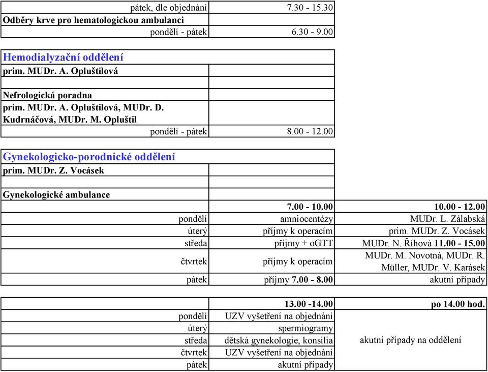 Zálabská úterý příjmy k operacím prim. MUDr. Z. Vocásek středa příjmy + ogtt MUDr. N. Říhová 11.00-15.00 čtvrtek příjmy k operacím MUDr. M. Novotná, MUDr. R. Müller, MUDr. V. Karásek pátek příjmy 7.