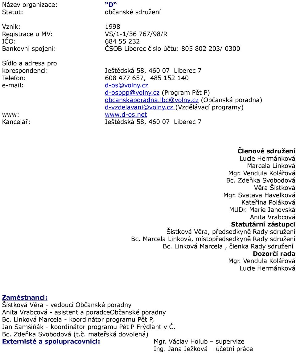 cz (Občanská poradna) d-vzdelavani@volny.cz (Vzdělávací programy) www.d-os.net Ještědská 58, 460 07 Liberec 7 Členové sdružení Lucie Hermánková Marcela Linková Mgr. Vendula Kolářová Bc.
