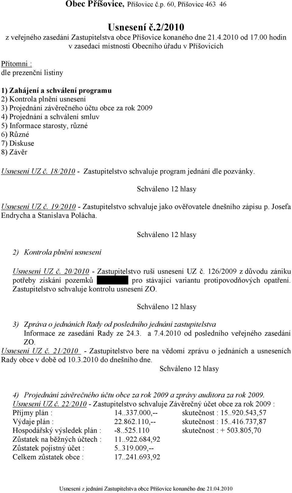 2009 4) Projednání a schválení smluv 5) Informace starosty, různé 6) Různé 7) Diskuse 8) Závěr Usnesení UZ č. 18/2010 - Zastupitelstvo schvaluje program jednání dle pozvánky. Usnesení UZ č. 19/2010 - Zastupitelstvo schvaluje jako ověřovatele dnešního zápisu p.