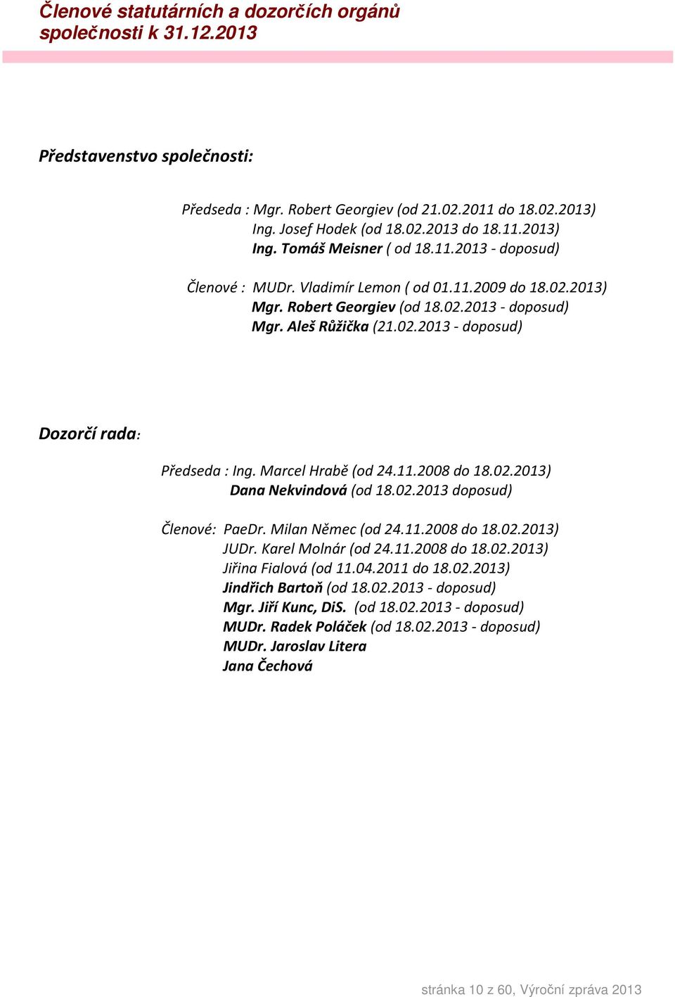 Marcel Hrabě (od 24.11.2008 do 18.02.2013) Dana Nekvindová (od 18.02.2013 doposud) Členové: PaeDr. Milan Němec (od 24.11.2008 do 18.02.2013) JUDr. Karel Molnár (od 24.11.2008 do 18.02.2013) Jiřina Fialová (od 11.