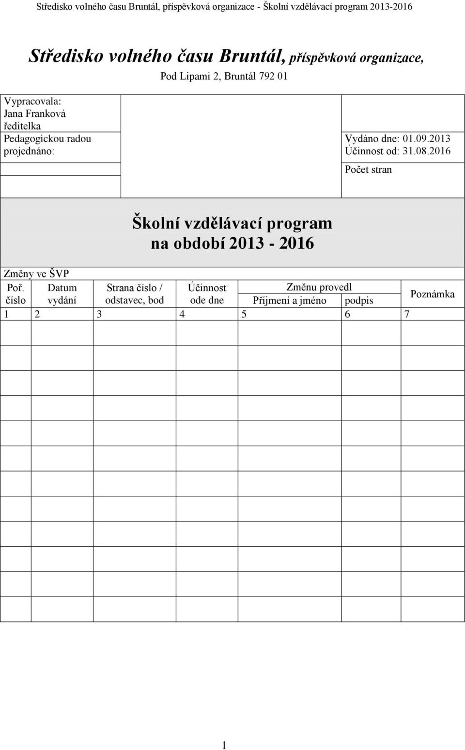 2016 Počet stran Školní vzdělávací program na období 2013-2016 Změny ve ŠVP Poř.