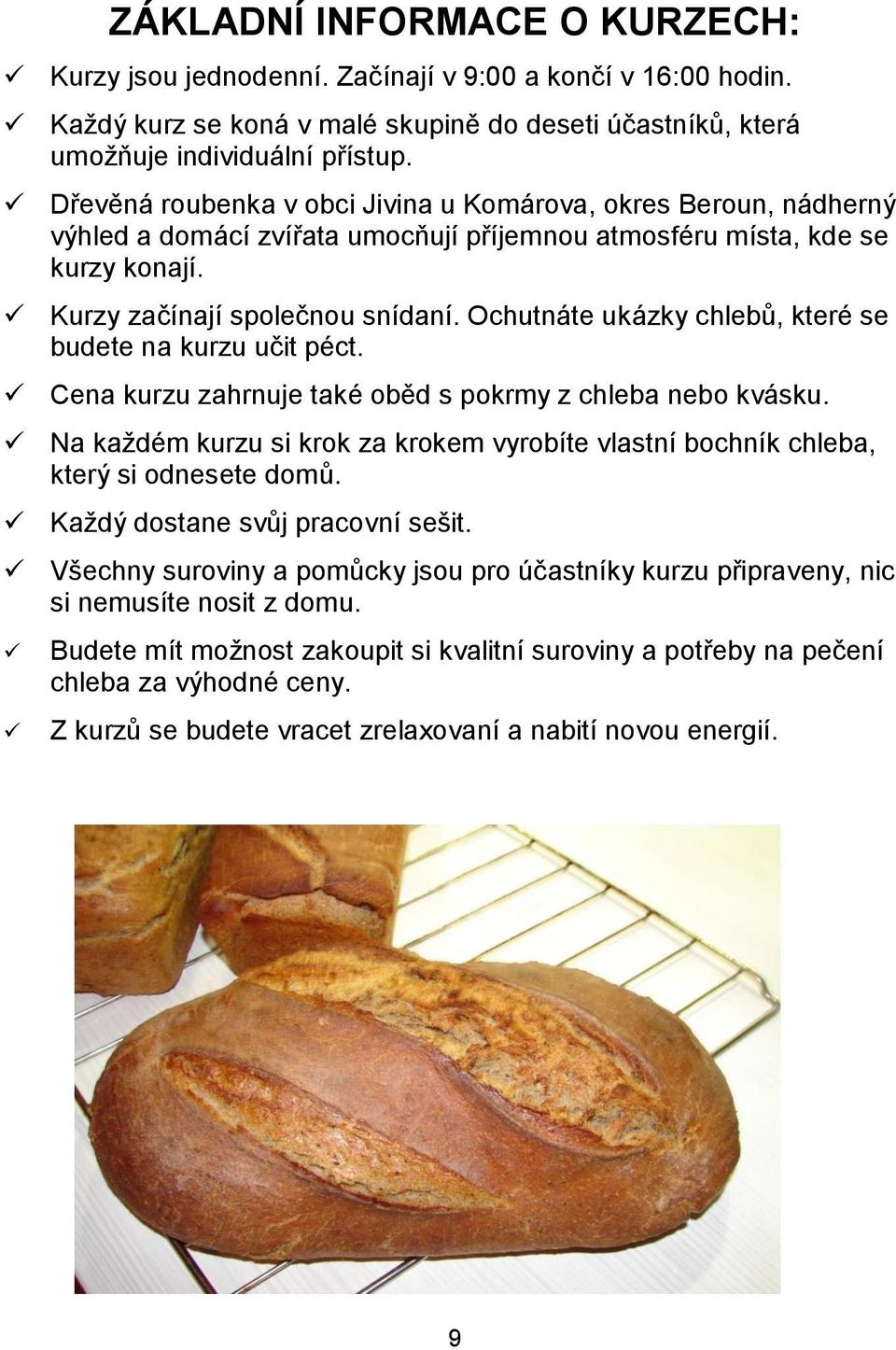 Ochutnáte ukázky chlebů, které se budete na kurzu učit péct. Cena kurzu zahrnuje také oběd s pokrmy z chleba nebo kvásku.