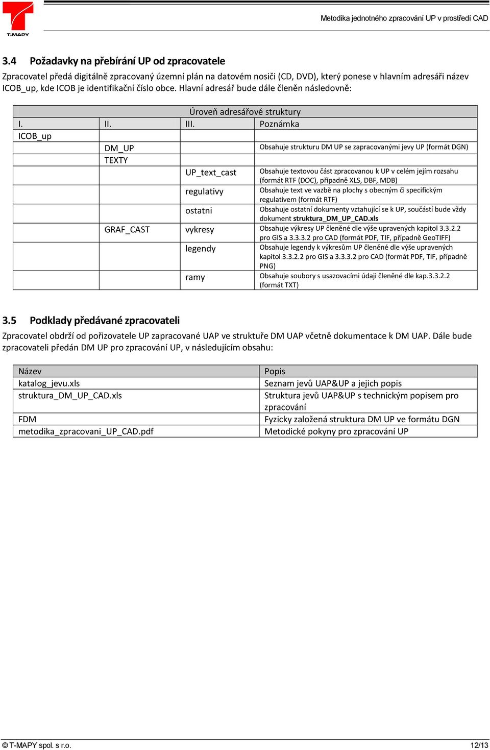 Poznámka ICOB_up DM_UP Obsahuje strukturu DM UP se zapracovanými jevy UP (formát DGN) TEXTY UP_text_cast Obsahuje textovou část zpracovanou k UP v celém jejím rozsahu (formát RTF (DOC), případně XLS,