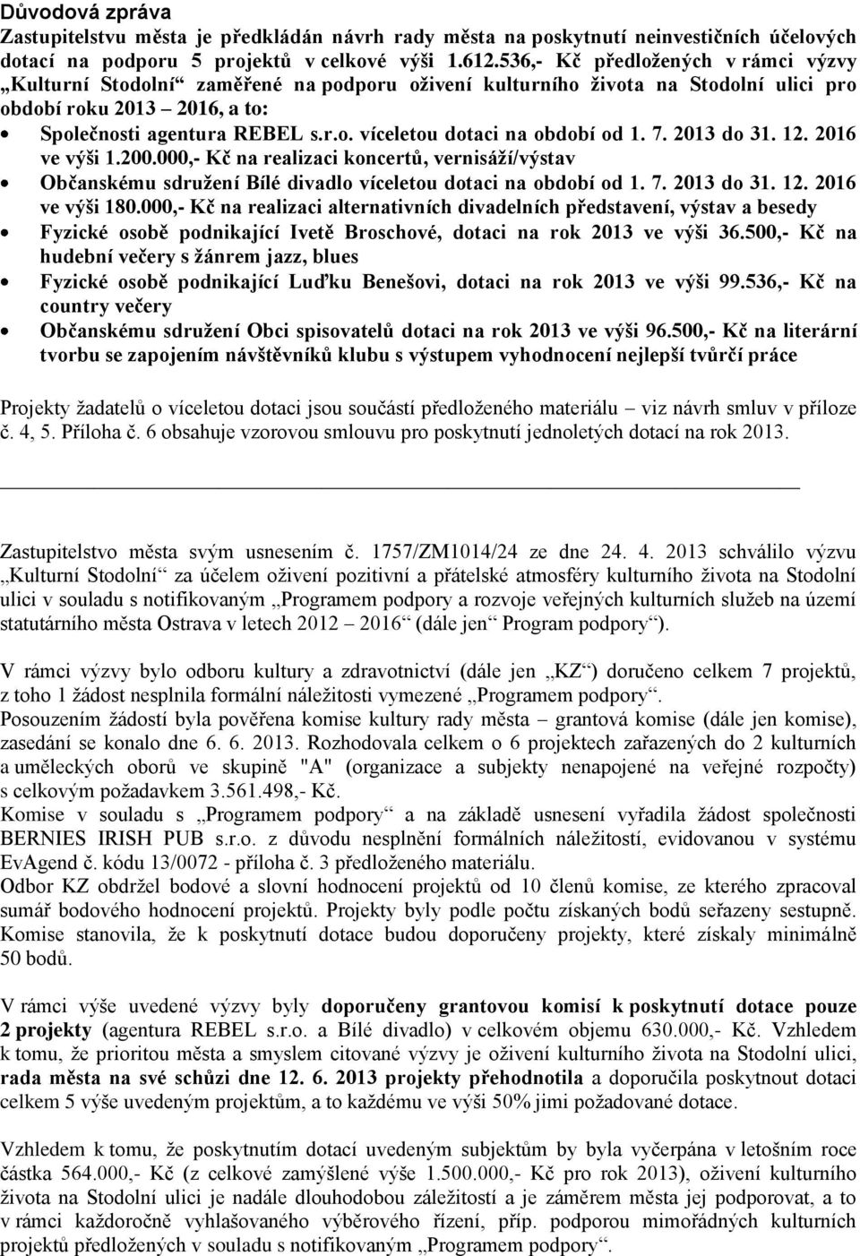 7. 2013 do 31. 12. 2016 ve výši 1.200.000,- Kč na realizaci koncertů, vernisáží/výstav Občanskému sdružení Bílé divadlo víceletou dotaci na období od 1. 7. 2013 do 31. 12. 2016 ve výši 180.