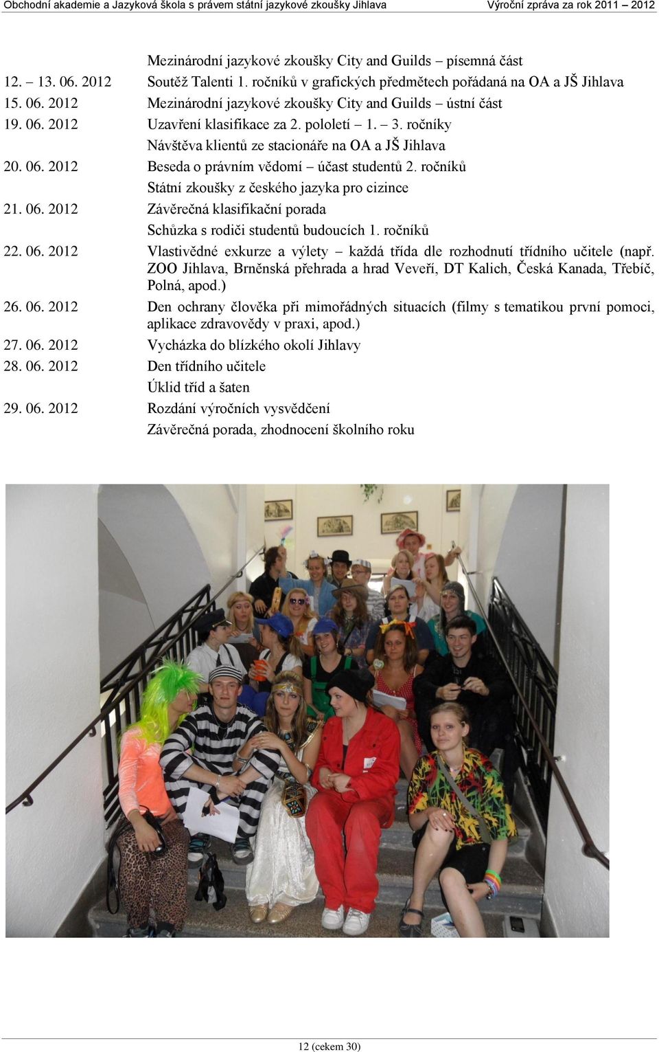 ročníků Státní zkoušky z českého jazyka pro cizince 21. 06. 2012 Závěrečná klasifikační porada Schůzka s rodiči studentů budoucích 1. ročníků 22. 06. 2012 Vlastivědné exkurze a výlety každá třída dle rozhodnutí třídního učitele (např.