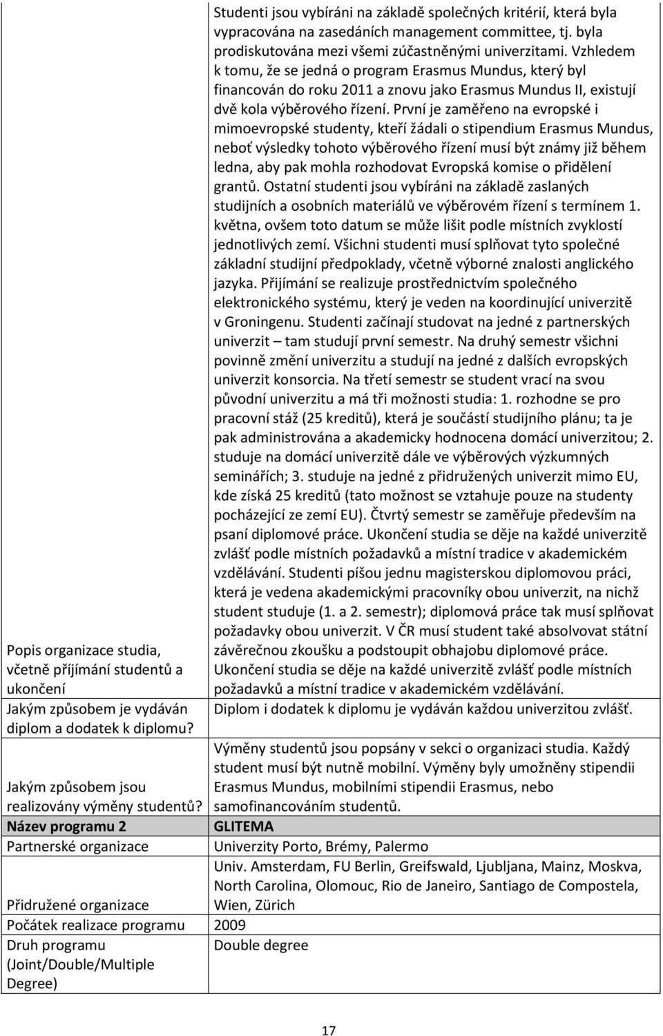 kritérií, která byla vypracována na zasedáních management committee, tj. byla prodiskutována mezi všemi zúčastněnými univerzitami.