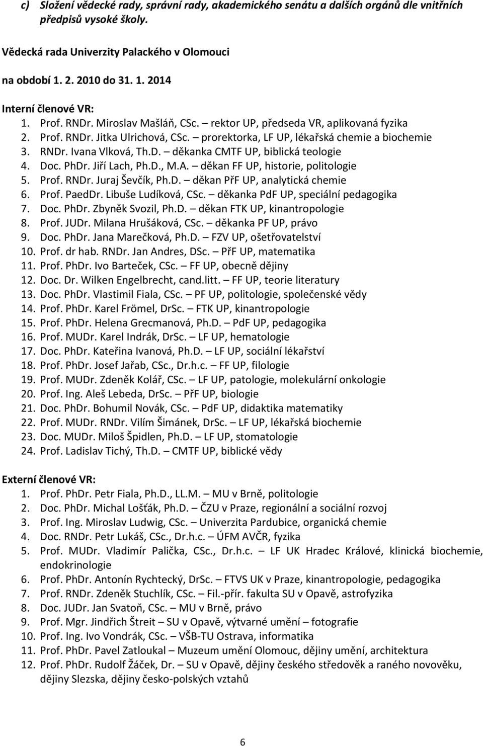 Doc. PhDr. Jiří Lach, Ph.D., M.A. děkan FF UP, historie, politologie 5. Prof. RNDr. Juraj Ševčík, Ph.D. děkan PřF UP, analytická chemie 6. Prof. PaedDr. Libuše Ludíková, CSc.