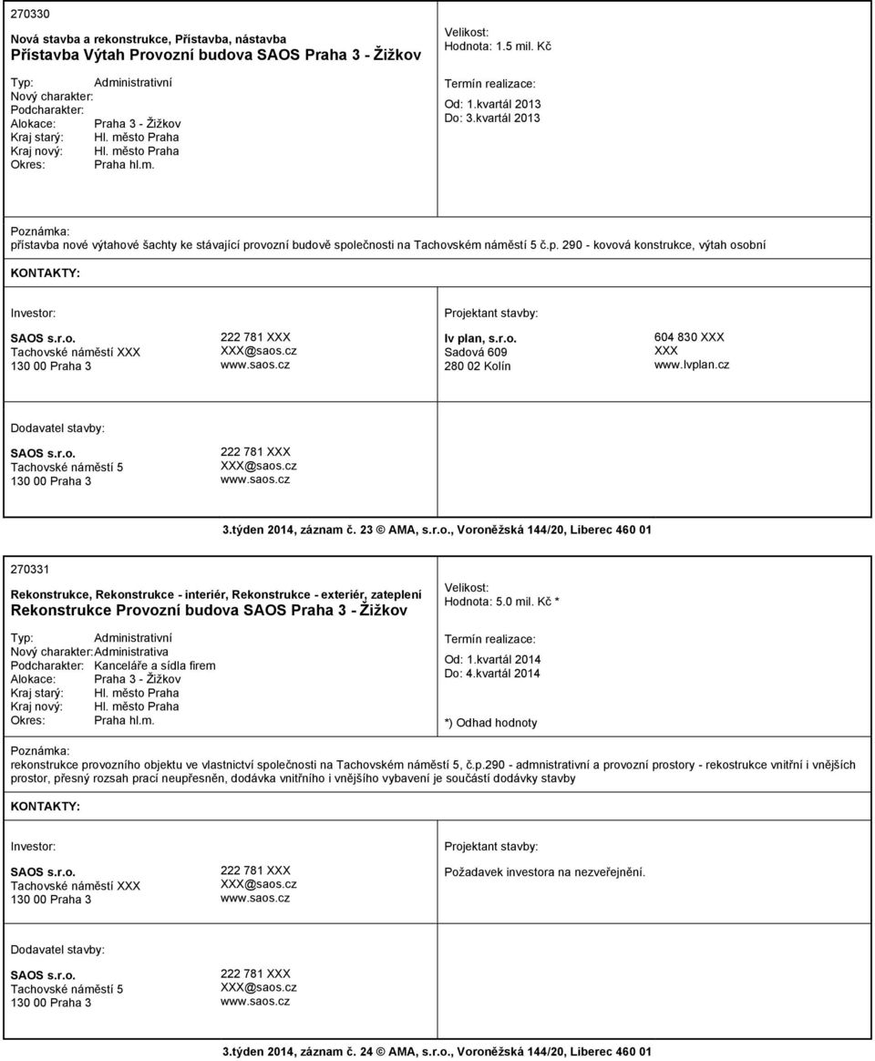 cz www.saos.cz lv plan, s.r.o. Sadová 609 280 02 Kolín 604 830 XXX XXX www.lvplan.cz SAOS s.r.o. Tachovské náměstí 5 130 00 Praha 3 222 781 XXX XXX@saos.cz www.saos.cz 3.týden 2014, záznam č.