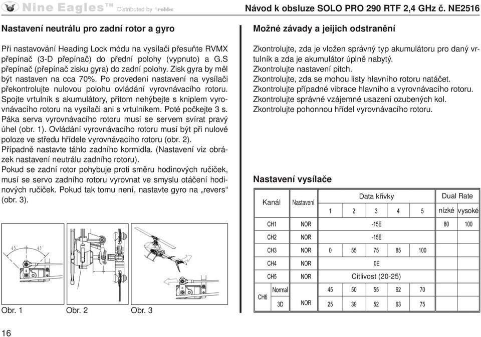 Spojte vrtulník s akumulátory, přitom nehýbejte s kniplem vyrovnávacího rotoru na vysílači ani s vrtulníkem. Poté počkejte 3 s. Páka serva vyrovnávacího rotoru musí se servem svírat pravý úhel (obr.