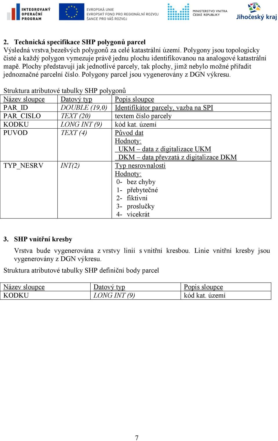 Plochy představují jak jednotlivé parcely, tak plochy, jimž nebylo možné přiřadit jednoznačné parcelní číslo. Polygony parcel jsou vygenerovány z DGN výkresu.