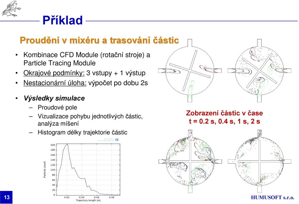 výpočet po dobu 2s Výsledky simulace Proudové pole Vizualizace pohybu jednotlivých částic,