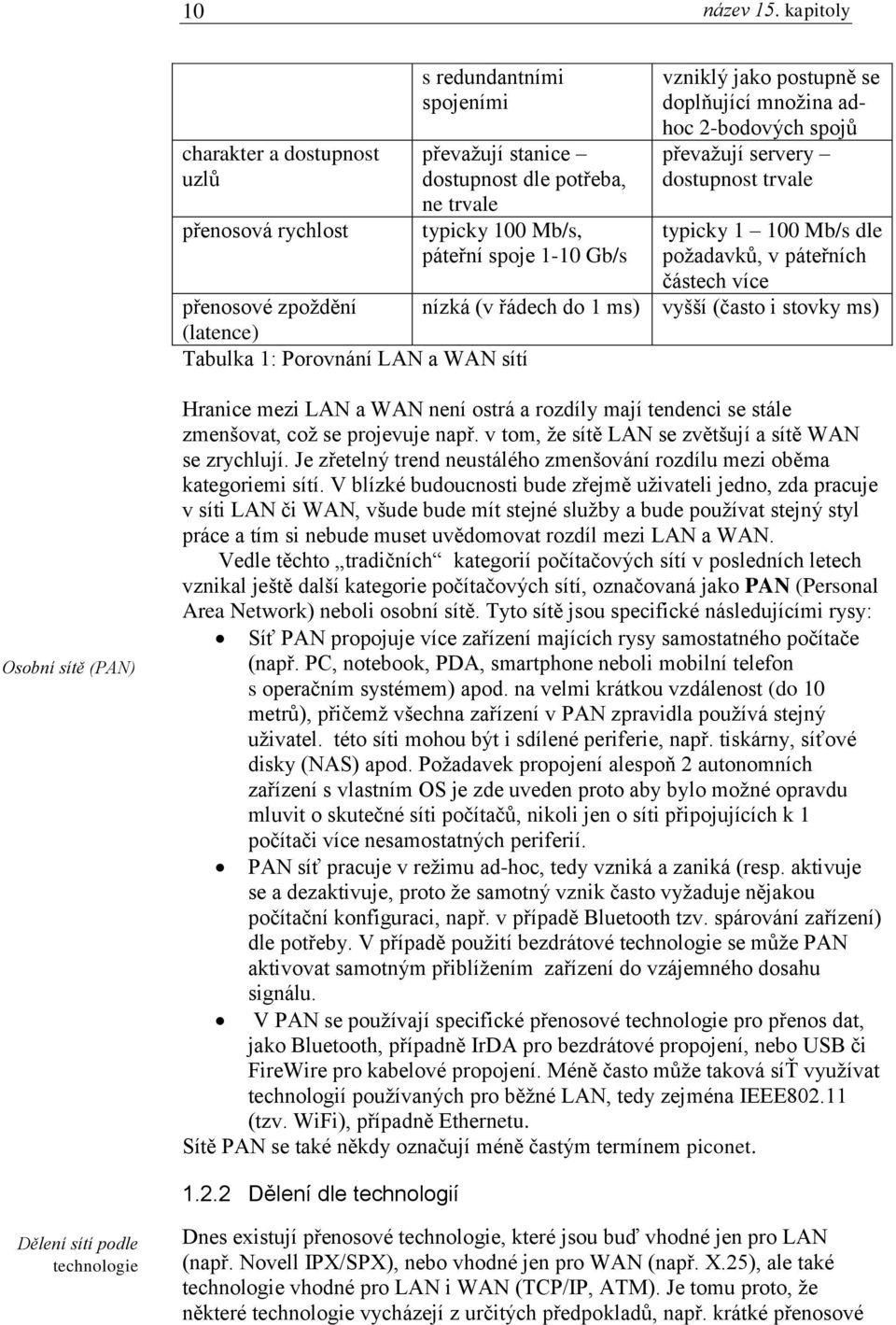 nízká (v řádech do 1 ms) (latence) Tabulka 1: Porovnání LAN a WAN sítí vzniklý jako postupně se doplňující množina adhoc 2-bodových spojů převažují servery dostupnost trvale typicky 1 100 Mb/s dle