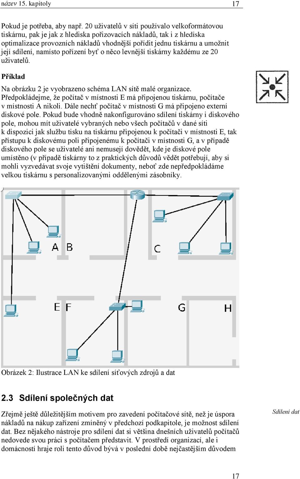 sdílení, namísto pořízení byť o něco levnější tiskárny každému ze 20 uživatelů. Příklad Na obrázku 2 je vyobrazeno schéma LAN sítě malé organizace.