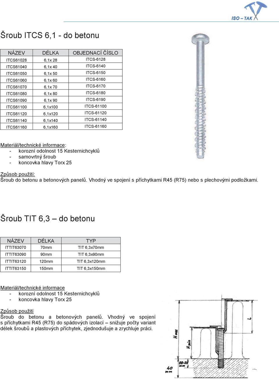 Kesternichcyklů - samovrtný šroub - koncovka hlavy Torx 25 Šroub do betonu a betonových panelů. Vhodný ve spojení s příchytkami R45 (R75) nebo s plechovými podložkami.