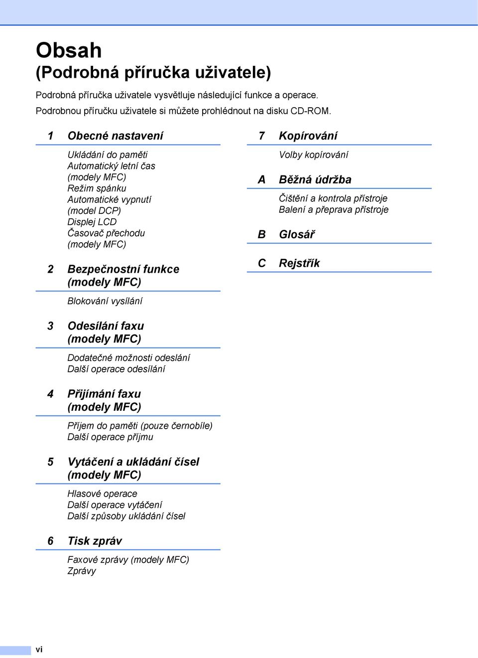 Blokování vysílání 7 Kopírování A B C Volby kopírování Běžná údržba Čištění a kontrola přístroje Balení a přeprava přístroje Glosář Rejstřík 3 Odesílání faxu (modely MFC) Dodatečné možnosti odeslání