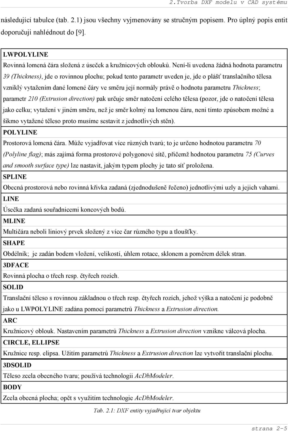 Není-li uvedena žádnáhodnota parametru 39 (Thickness), jde o rovinnou plochu; pokud tento parametr uveden je, jde o plášť translač ního tě lesa vzniklý vytažením dané lomené čáry ve smě ru její