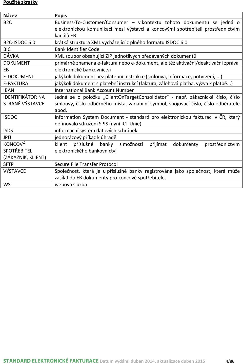 0 BIC Bank Identifier Code DÁVKA XML soubor obsahující ZIP jednotlivých předávaných dokumentů DOKUMENT primárně znamená e-faktura nebo e-dokument, ale též aktivační/deaktivační zpráva EB elektronické