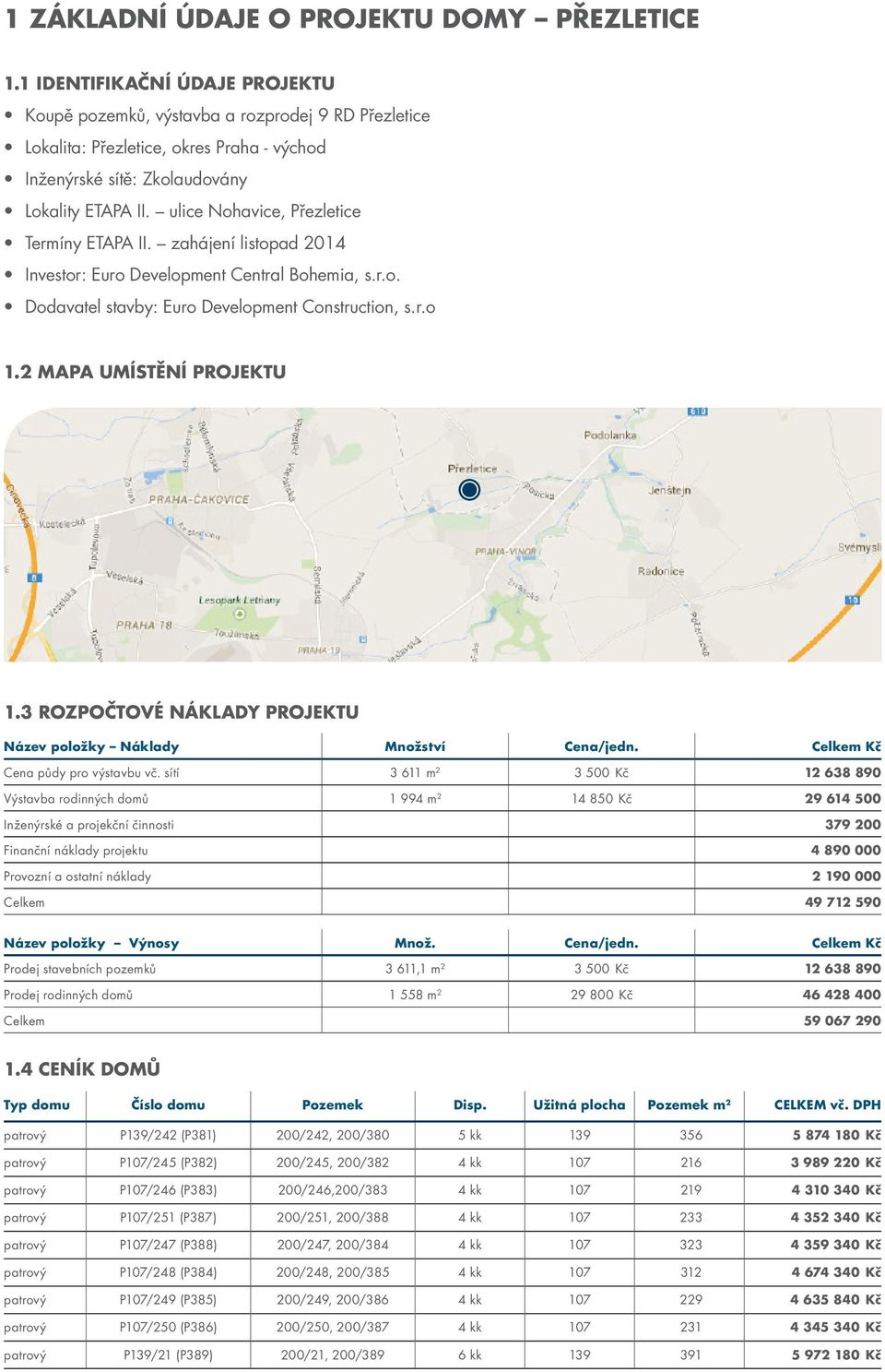 ulice Nohavice, Přezletice Termíny ETAPA II. zahájení listopad 2014 Investor: Euro Development Central Bohemia, s.r.o. Dodavatel stavby: Euro Development Construction, s.r.o 1.