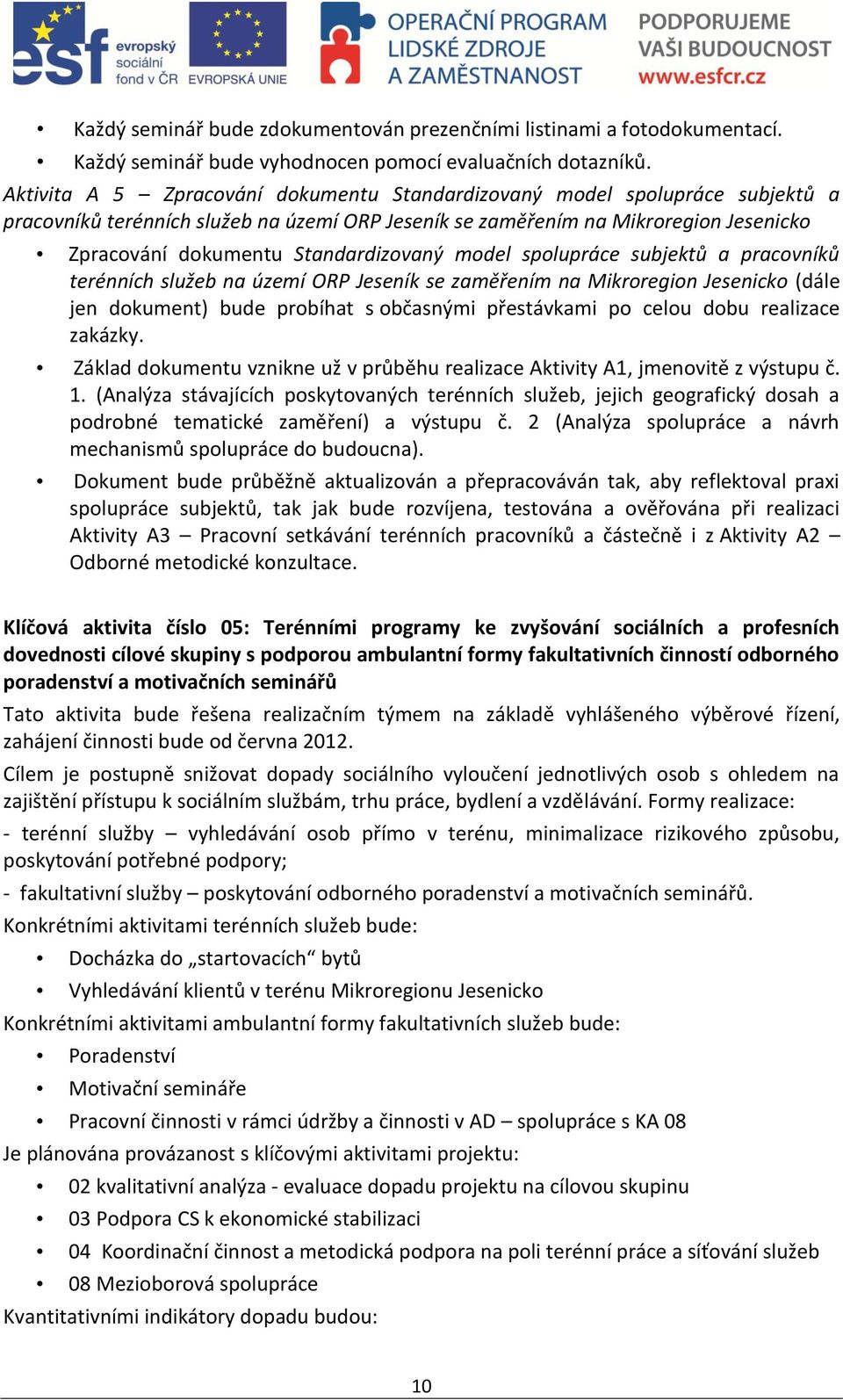 Standardizovaný model spolupráce subjektů a pracovníků terénních služeb na území ORP Jeseník se zaměřením na Mikroregion Jesenicko (dále jen dokument) bude probíhat s občasnými přestávkami po celou