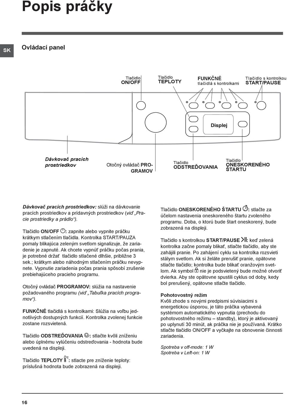 Tlačidlo ON/OFF : zapnite alebo vypnite práčku krátkym stlačením tlačidla. Kontrolka START/PAUZA pomaly blikajúca zeleným svetlom signalizuje, že zariadenie je zapnuté.