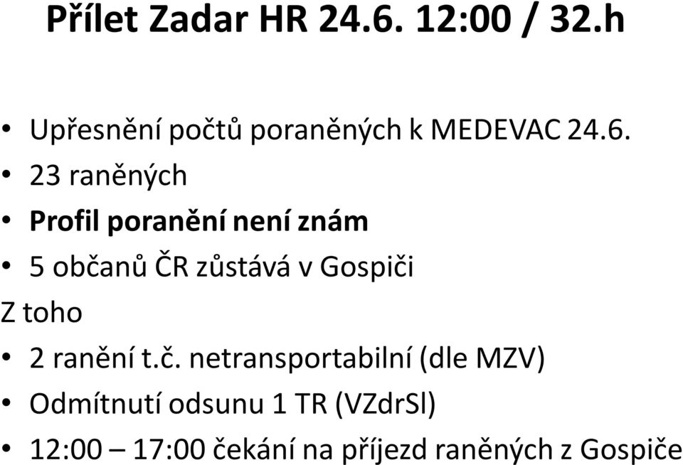 23 raněných Profil poranění není znám 5 občanů ČR zůstává v Gospiči