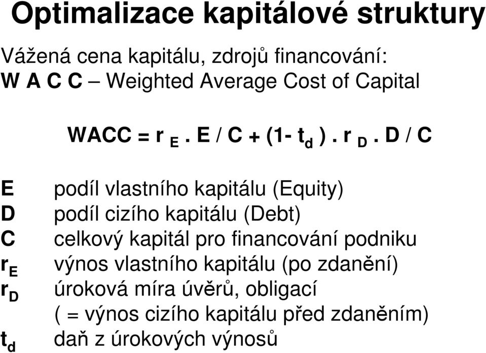 D / C E D C r E r D t d podíl vlastního kapitálu (Equity) podíl cizího kapitálu (Debt) celkový kapitál