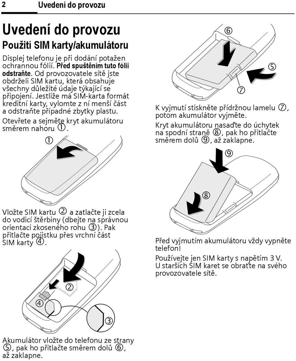 Jestliže má SIM-karta formát kreditní karty, vylomte z ní menší část aodstraňte případné zytky plastu. Otevřete a sejměte kryt akumulátoru směrem nahoru 1.