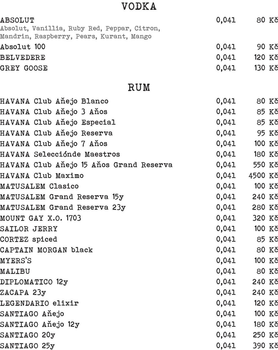 0,04l 180 Kč HAVANA Club Aňejo 15 Aňos Grand Reserva 0,04l 550 Kč HAVANA Club Maximo 0,04l 4500 Kč MATUSALEM Clasico 0,04l 100 Kč MATUSALEM Grand Reserva 15y 0,04l 240 Kč MATUSALEM Grand Reserva 23y