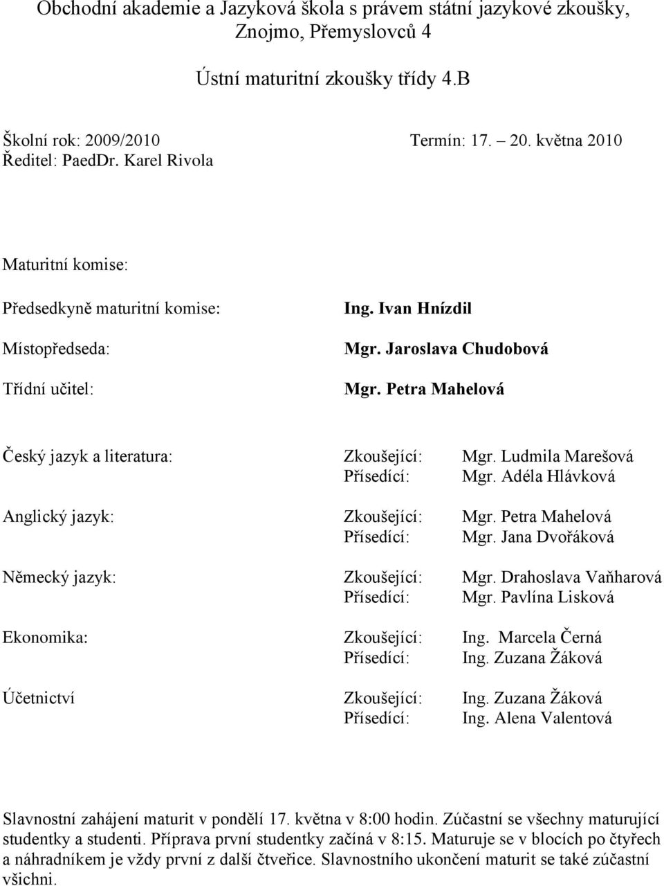 Pavlína Lisková Ekonomika: Zkoušející: Ing. Marcela Černá Přísedící: Ing. Zuzana Ţáková Účetnictví Zkoušející: Ing. Zuzana Ţáková Přísedící: Ing.