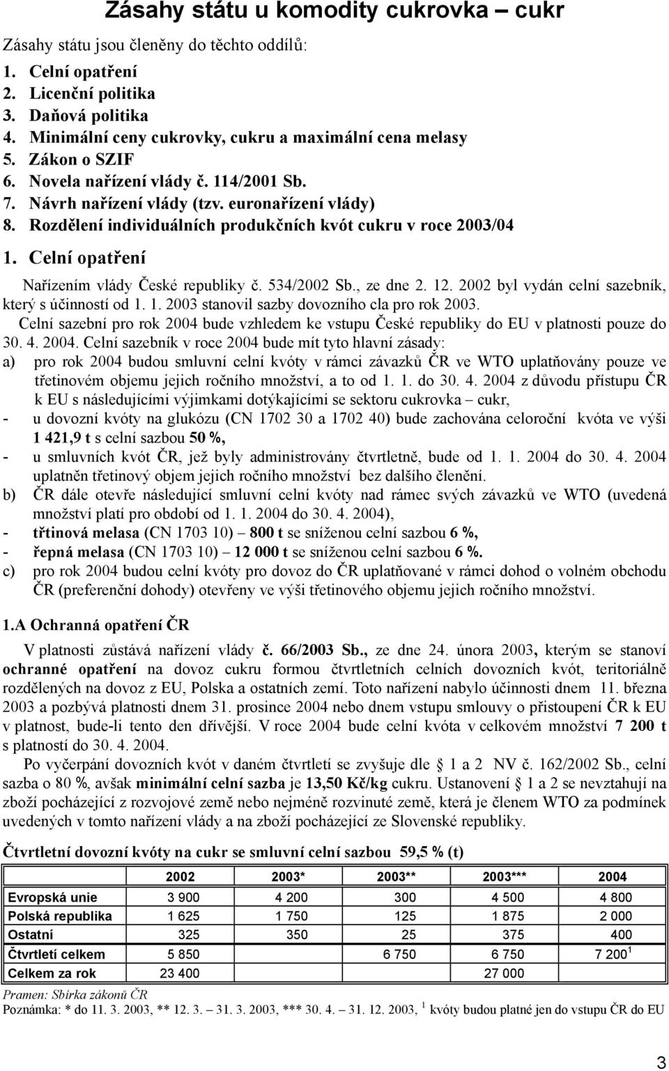 Celní opatření Nařízením vlády České republiky č. 534/2002 Sb., ze dne 2. 12. 2002 byl vydán celní sazebník, který s účinností od 1. 1. 2003 stanovil sazby dovozního cla pro rok 2003.