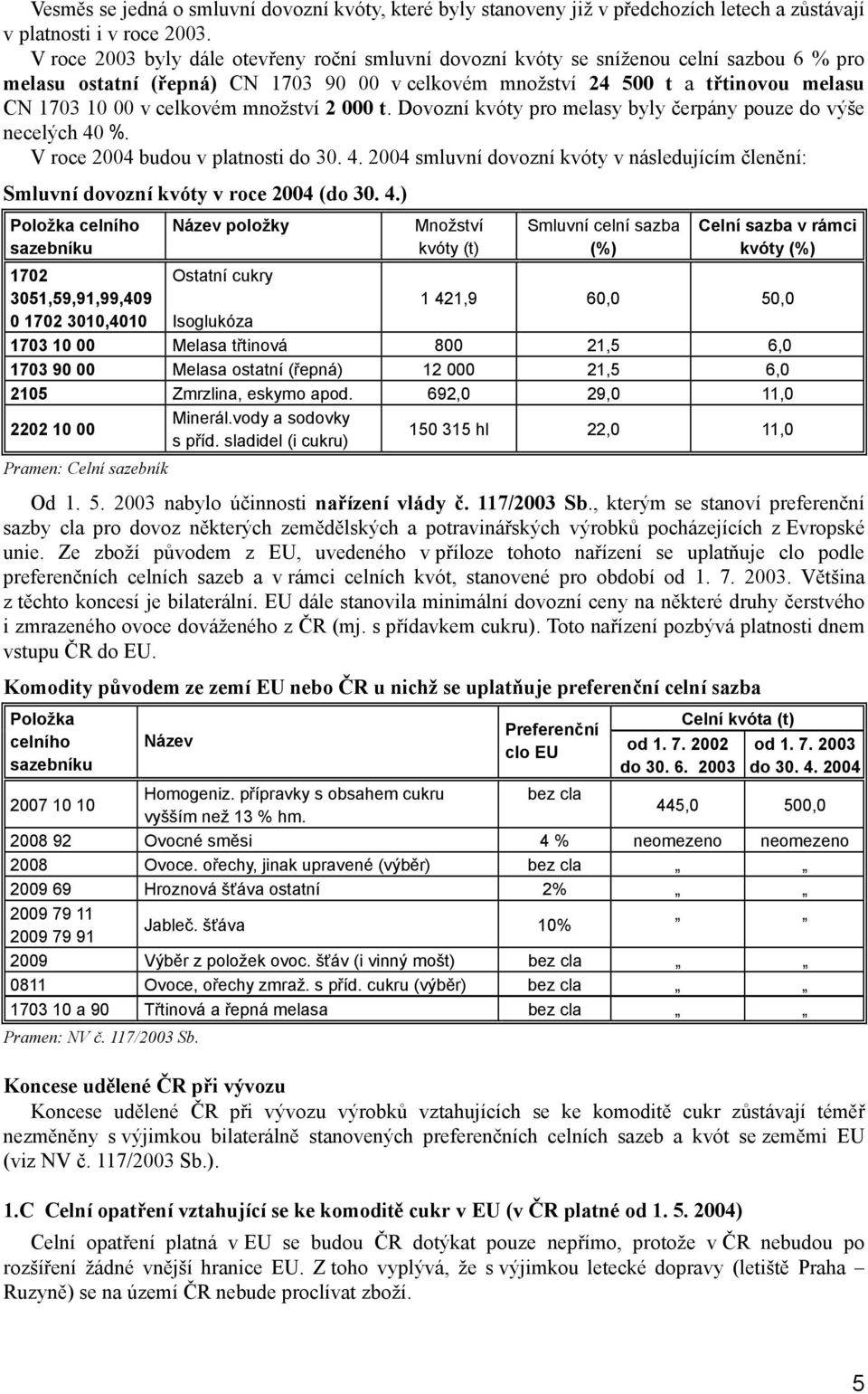 celkovém množství 2 000 t. Dovozní kvóty pro melasy byly čerpány pouze do výše necelých 40 %. V roce 2004 budou v platnosti do 30. 4. 2004 smluvní dovozní kvóty v následujícím členění: Smluvní dovozní kvóty v roce 2004 (do 30.