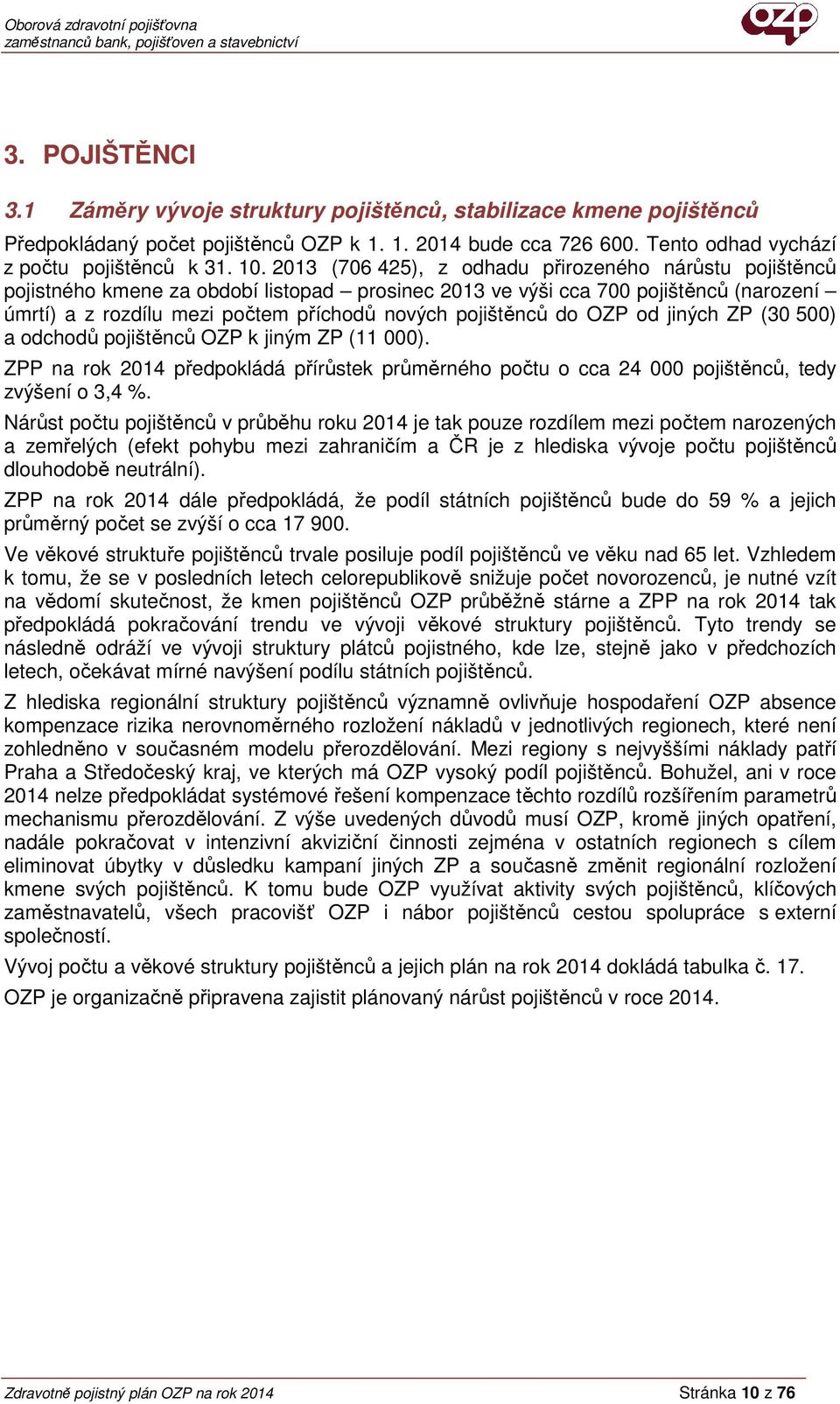 pojištěnců do OZP od jiných ZP (30 500) a odchodů pojištěnců OZP k jiným ZP (11 000). na rok 2014 předpokládá přírůstek průměrného počtu o cca 24 000 pojištěnců, tedy zvýšení o 3,4 %.