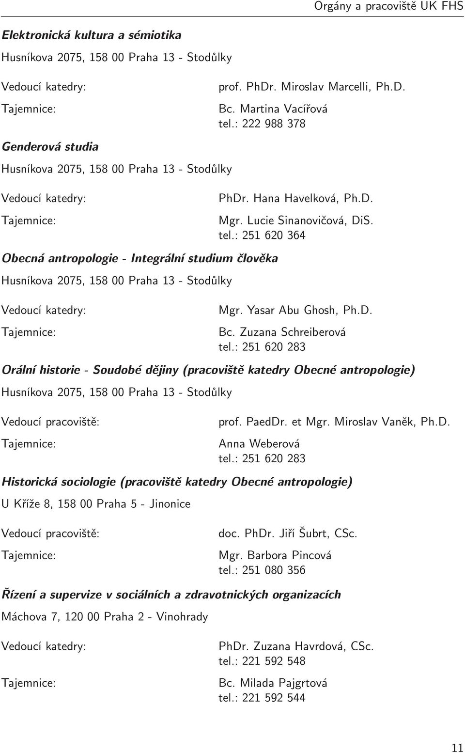 :251620364 Obecná antropologie - Integrální studium èlovìka Husníkova2075,15800Praha13-Stodůlky Vedoucí katedry: Tajemnice: Mgr. Yasar Abu Ghosh, Ph.D. Bc. Zuzana Schreiberová tel.