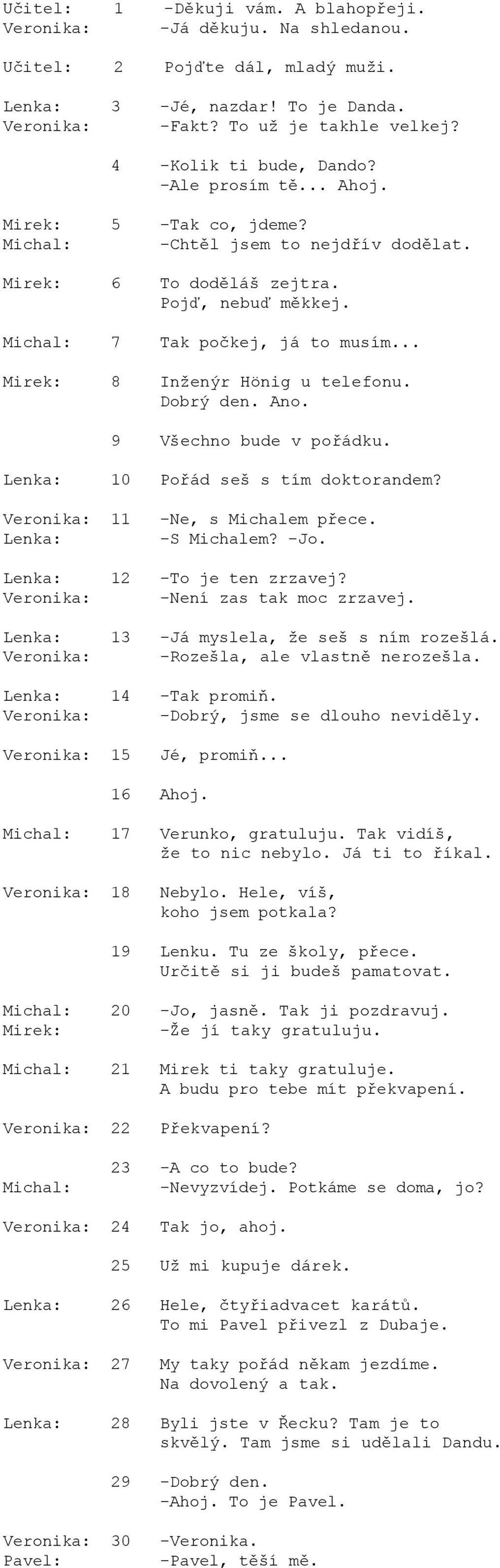 Dobrý den. Ano. 9 Všechno bude v pořádku. Lenka: 10 Pořád seš s tím doktorandem? 11 Lenka: -Ne, s Michalem přece. -S Michalem? -Jo. Lenka: 12 -To je ten zrzavej? -Není zas tak moc zrzavej.