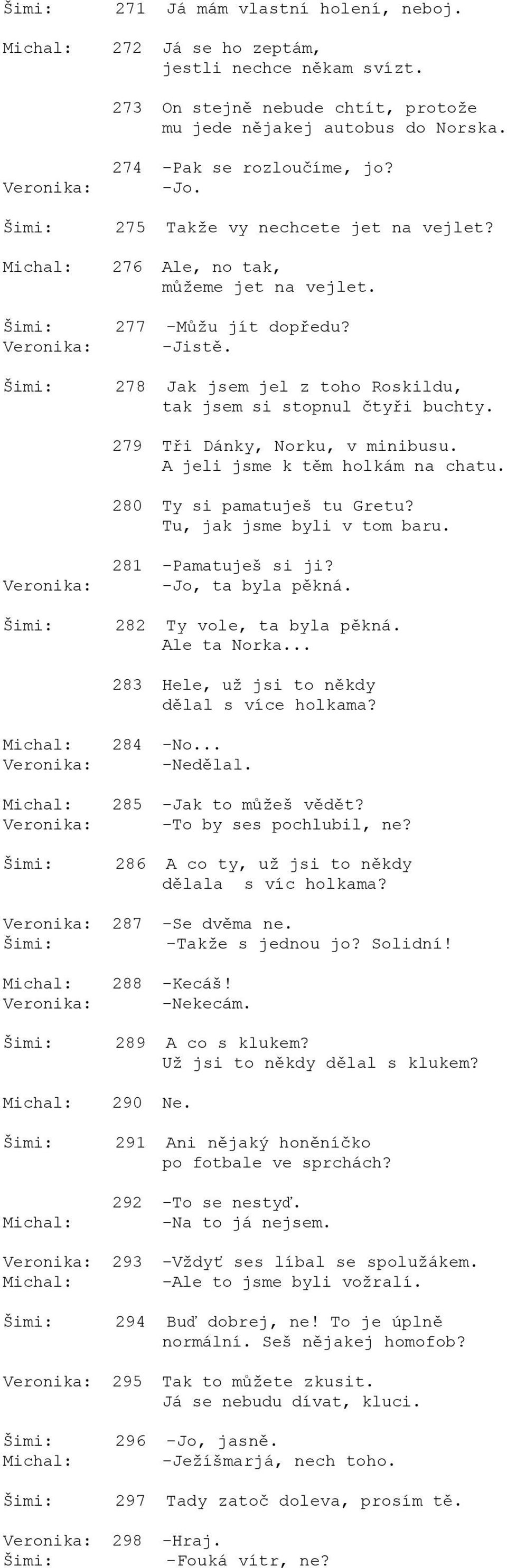 279 Tři Dánky, Norku, v minibusu. A jeli jsme k těm holkám na chatu. 280 Ty si pamatuješ tu Gretu? Tu, jak jsme byli v tom baru. 281 -Pamatuješ si ji? -Jo, ta byla pěkná. 282 Ty vole, ta byla pěkná.