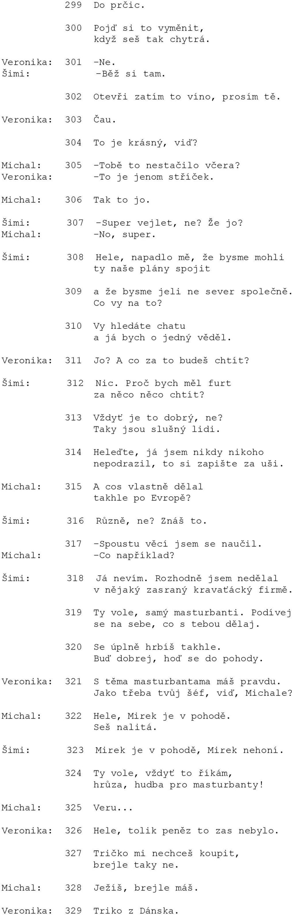 310 Vy hledáte chatu a já bych o jedný věděl. 311 Jo? A co za to budeš chtít? 312 Nic. Proč bych měl furt za něco něco chtít? 313 Vždyť je to dobrý, ne? Taky jsou slušný lidi.