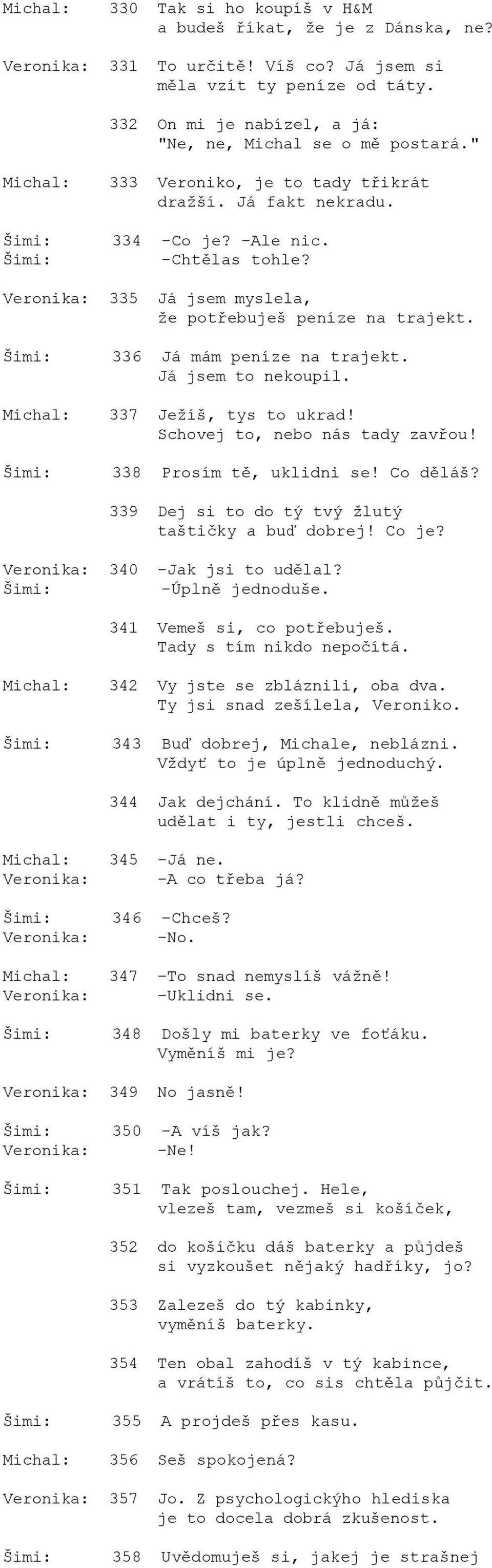 Já jsem to nekoupil. 337 Ježíš, tys to ukrad! Schovej to, nebo nás tady zavřou! 338 Prosím tě, uklidni se! Co děláš? 339 Dej si to do tý tvý žlutý taštičky a buď dobrej! Co je? 340 -Jak jsi to udělal?