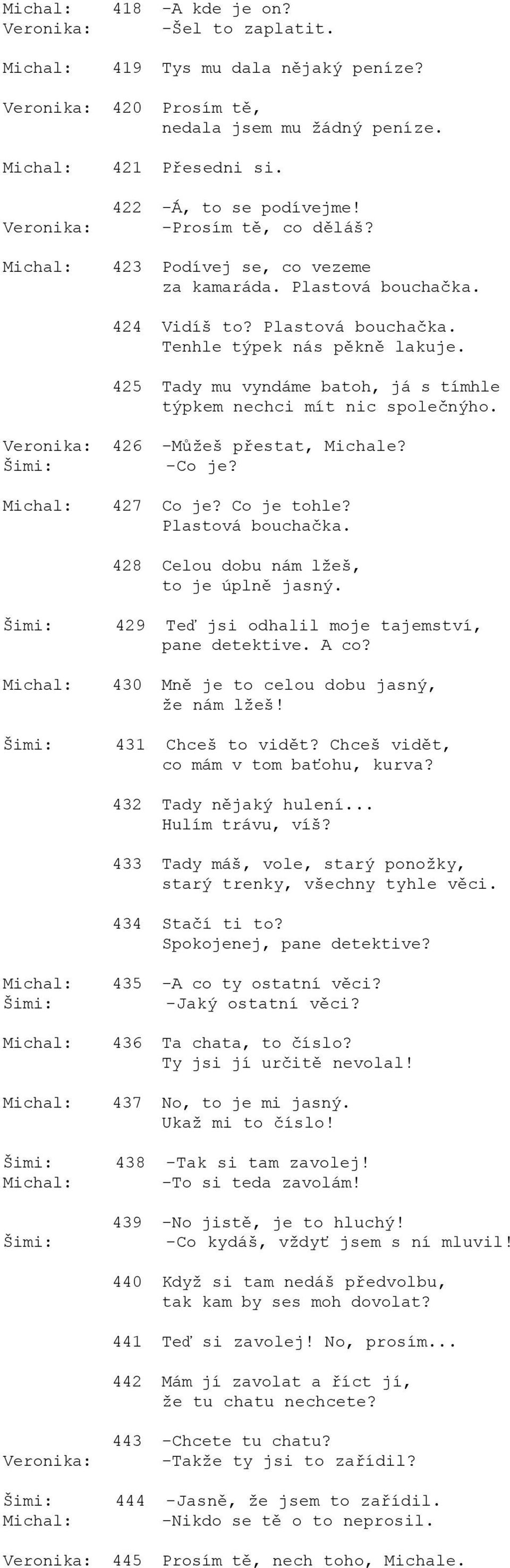 426 -Můžeš přestat, Michale? -Co je? 427 Co je? Co je tohle? Plastová bouchačka. 428 Celou dobu nám lžeš, to je úplně jasný. 429 Teď jsi odhalil moje tajemství, pane detektive. A co?