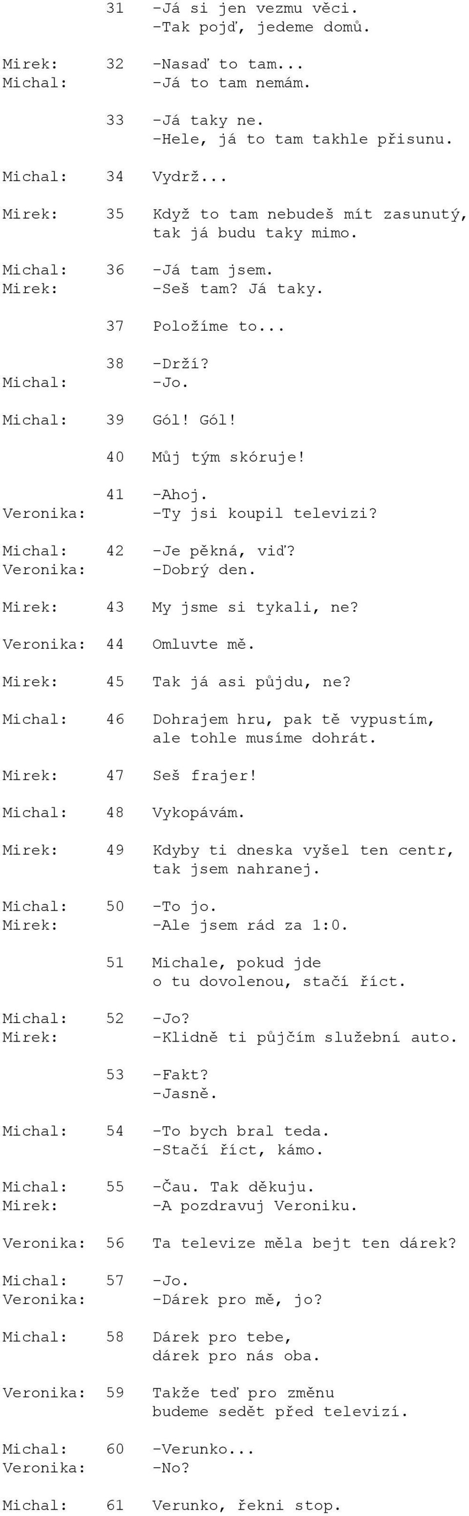 -Ty jsi koupil televizi? 42 -Je pěkná, viď? -Dobrý den. Mirek: 43 My jsme si tykali, ne? 44 Omluvte mě. Mirek: 45 Tak já asi půjdu, ne? 46 Dohrajem hru, pak tě vypustím, ale tohle musíme dohrát.